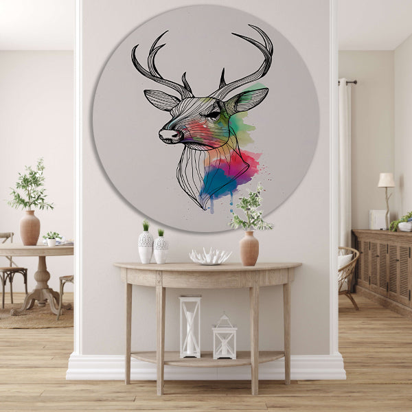 Minimalistisch lijnkunst hert in kleurexplosie aluminium muurcirkel