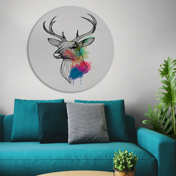 Minimalistisch lijnkunst hert in kleurexplosie aluminium muurcirkel