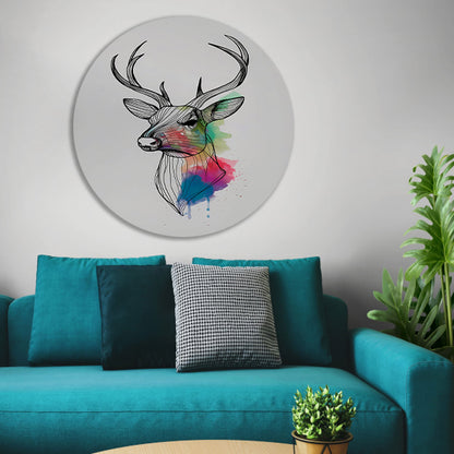 Minimalistisch lijnkunst hert in kleurexplosie aluminium muurcirkel