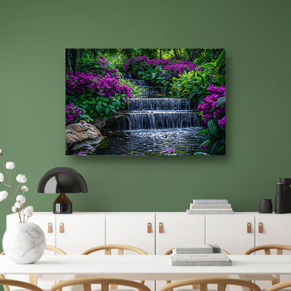 Enchanted garden with colorful flowers and cascading waterfall canvas met baklijst