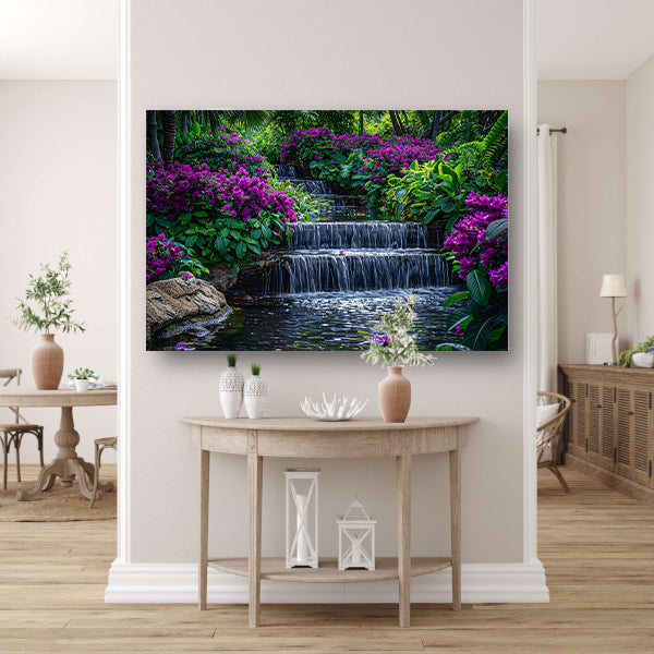 Enchanted garden with colorful flowers and cascading waterfall canvas