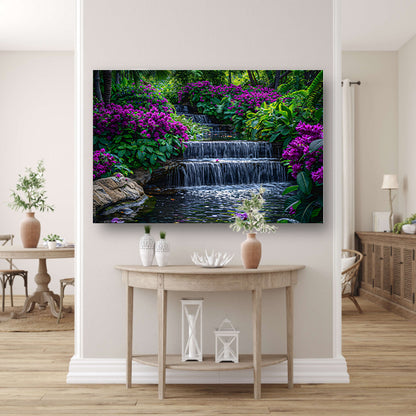 Enchanted garden with colorful flowers and cascading waterfall canvas