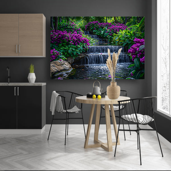Enchanted garden with colorful flowers and cascading waterfall canvas