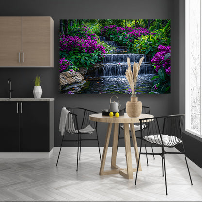 Enchanted garden with colorful flowers and cascading waterfall canvas