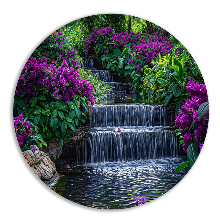 Enchanted garden with colorful flowers and cascading waterfall forex muurcirkel