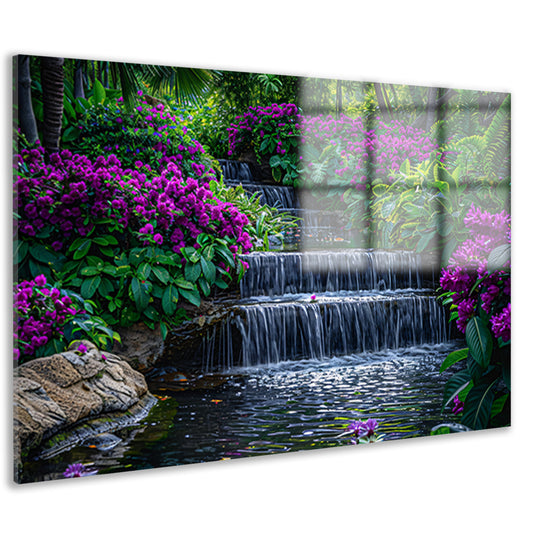 Enchanted garden with colorful flowers and cascading waterfall acrylglas