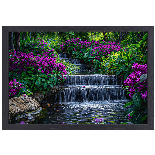 Enchanted garden with colorful flowers and cascading waterfall canvas met baklijst
