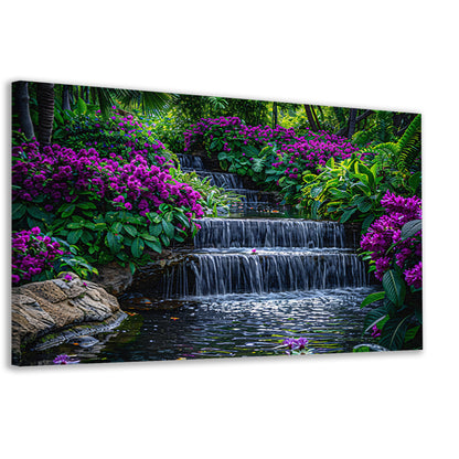 Enchanted garden with colorful flowers and cascading waterfall canvas