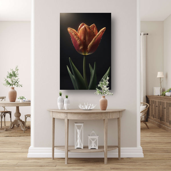 Dauwdruppels op levendige oranje tulp canvas