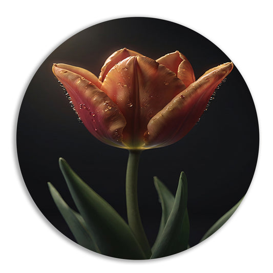 Dauwdruppels op levendige oranje tulp aluminium muurcirkel