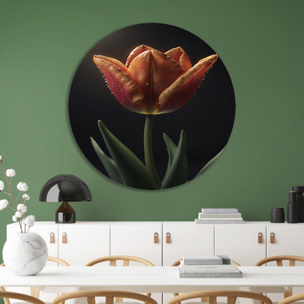 Dauwdruppels op levendige oranje tulp aluminium muurcirkel