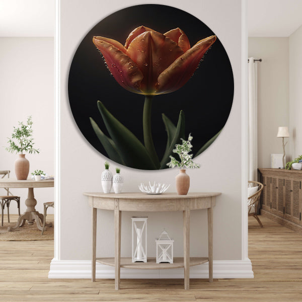 Dauwdruppels op levendige oranje tulp aluminium muurcirkel