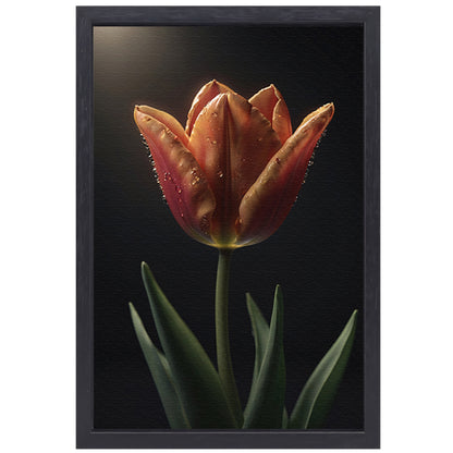 Dauwdruppels op levendige oranje tulp canvas met baklijst