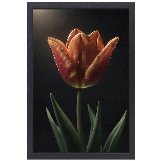 Dauwdruppels op levendige oranje tulp canvas met baklijst