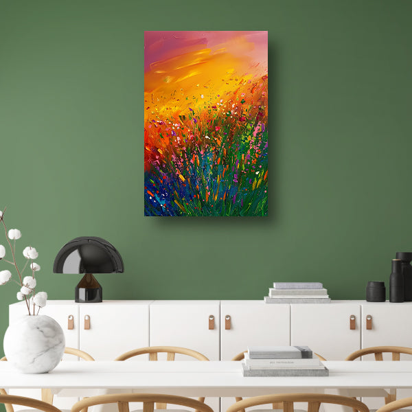 Abstract schilderij van bloemenveld bij zonsondergang canvas