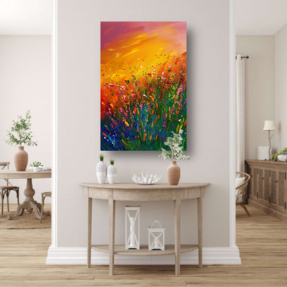 Abstract schilderij van bloemenveld bij zonsondergang canvas