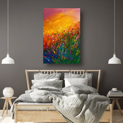 Abstract schilderij van bloemenveld bij zonsondergang acrylglas