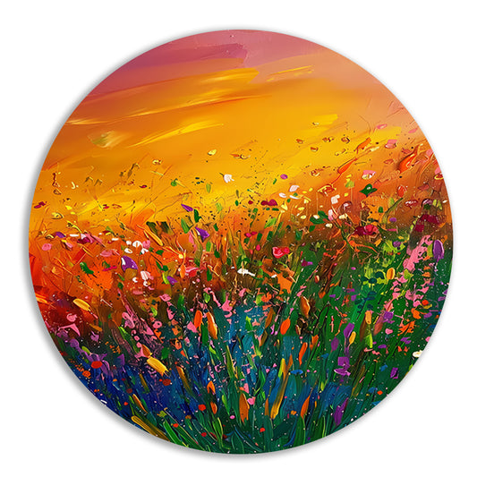 Abstract schilderij van bloemenveld bij zonsondergang aluminium muurcirkel