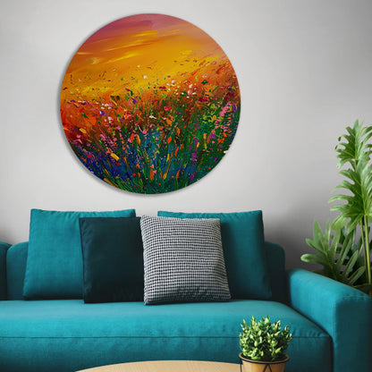 Abstract schilderij van bloemenveld bij zonsondergang aluminium muurcirkel