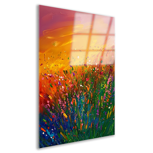 Abstract schilderij van bloemenveld bij zonsondergang acrylglas