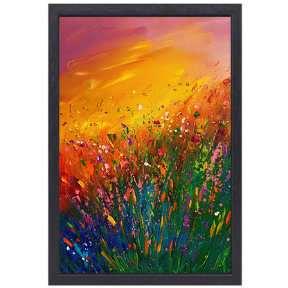 Abstract schilderij van bloemenveld bij zonsondergang canvas met baklijst