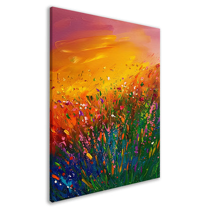 Abstract schilderij van bloemenveld bij zonsondergang canvas