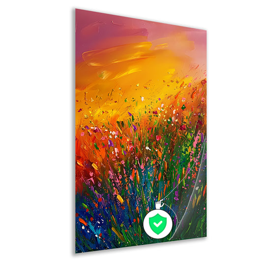 Abstract schilderij van bloemenveld bij zonsondergang poster