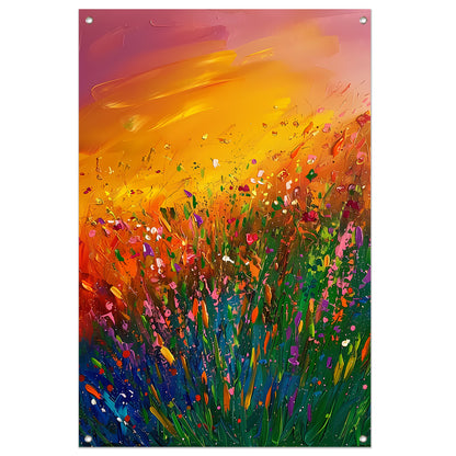 Abstract schilderij van bloemenveld bij zonsondergang tuinposter