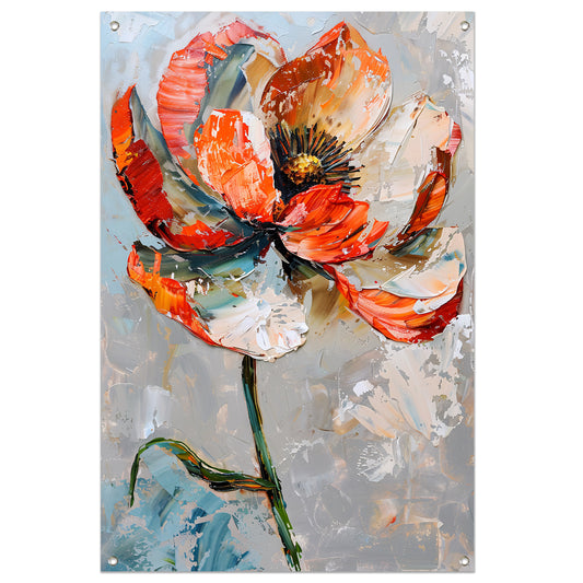 Abstracte bloem met levendige oranje en witte kleuren tuinposter