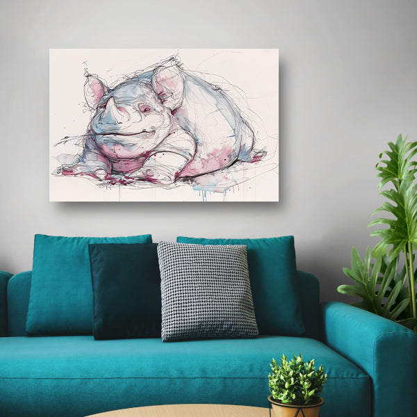 Abstract kleurrijk neushoorn schilderij voor interieur canvas met baklijst