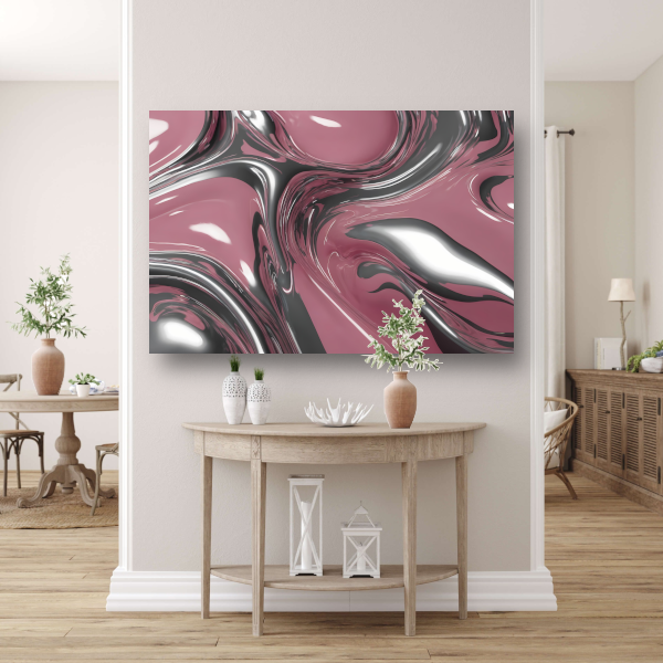 Dynamische Vloeiing in Zilver en Roze canvas met baklijst