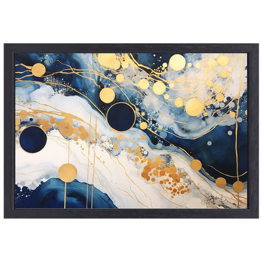 Blauwe diepten met gouden accenten canvas met baklijst