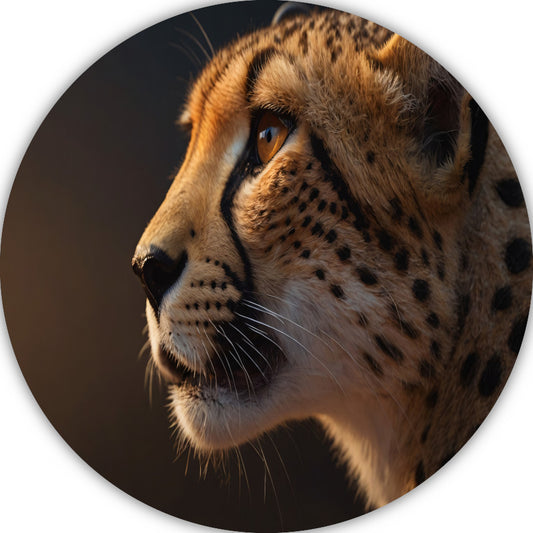 Intense blik van een majestueuze cheeta aluminium muurcirkel