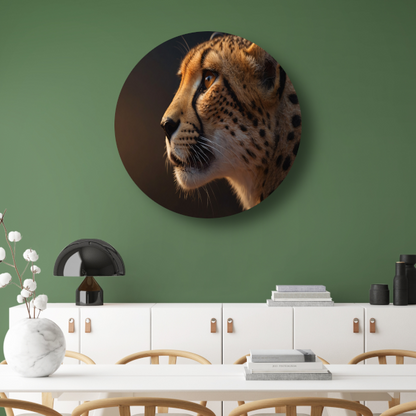 Intense blik van een majestueuze cheeta aluminium muurcirkel
