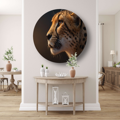 Intense blik van een majestueuze cheeta aluminium muurcirkel