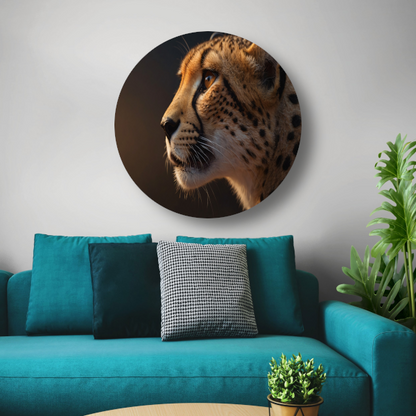 Intense blik van een majestueuze cheeta aluminium muurcirkel