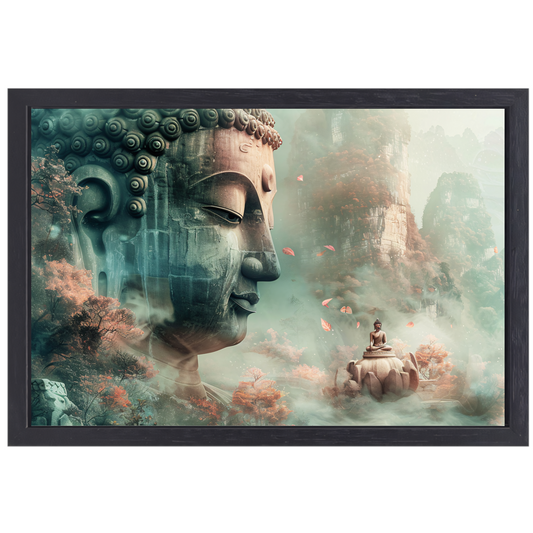 Mystieke Boeddha en Herfstachtig Berglandschap canvas met baklijst