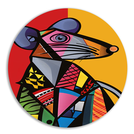 Kubistische Muis in Levendige Kleuren aluminium muurcirkel