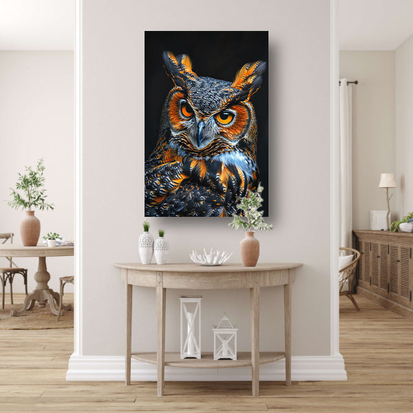 Hyperrealistische Uil met Intense Ogen en Kleurrijke Veren canvas