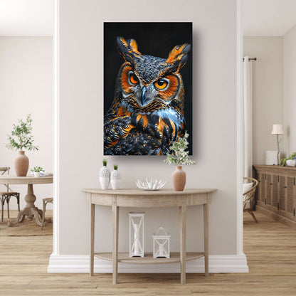 Hyperrealistische Uil met Intense Ogen en Kleurrijke Veren canvas