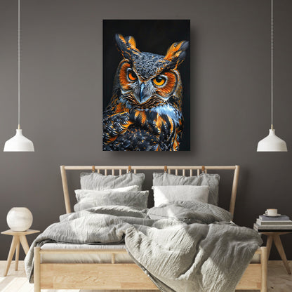 Hyperrealistische Uil met Intense Ogen en Kleurrijke Veren canvas