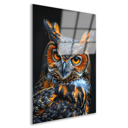Hyperrealistische Uil met Intense Ogen en Kleurrijke Veren acrylglas