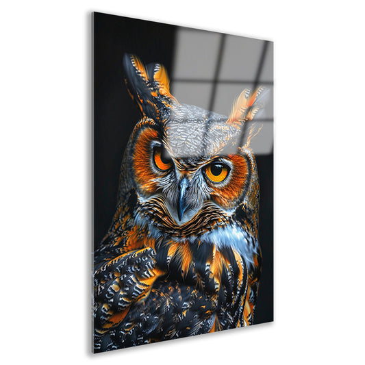 Hyperrealistische Uil met Intense Ogen en Kleurrijke Veren acrylglas