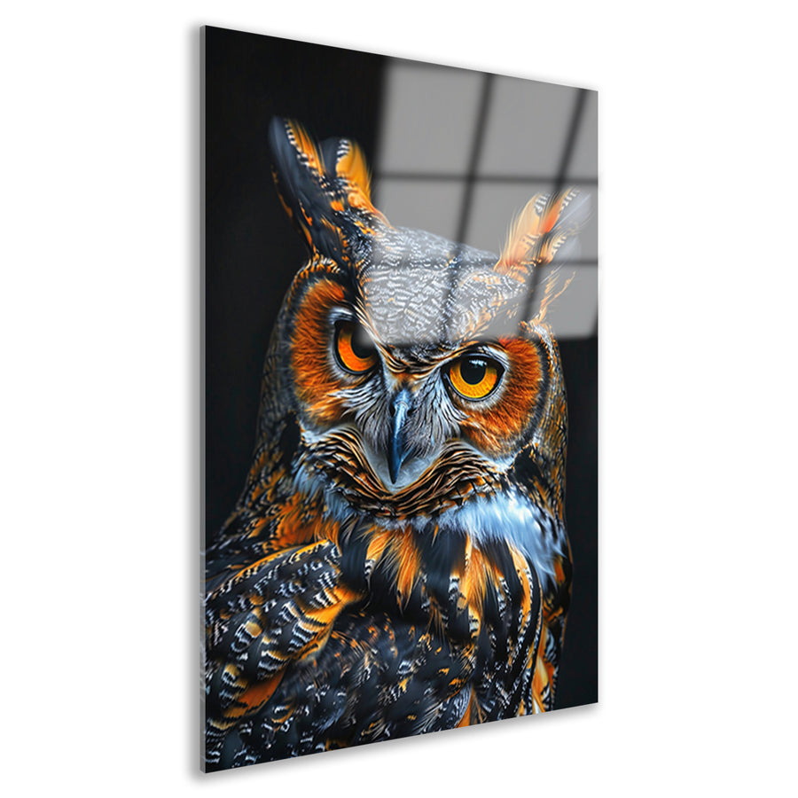 Hyperrealistische Uil met Intense Ogen en Kleurrijke Veren acrylglas