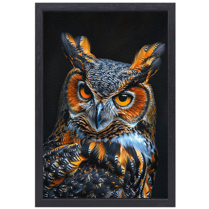 Hyperrealistische Uil met Intense Ogen en Kleurrijke Veren canvas met baklijst