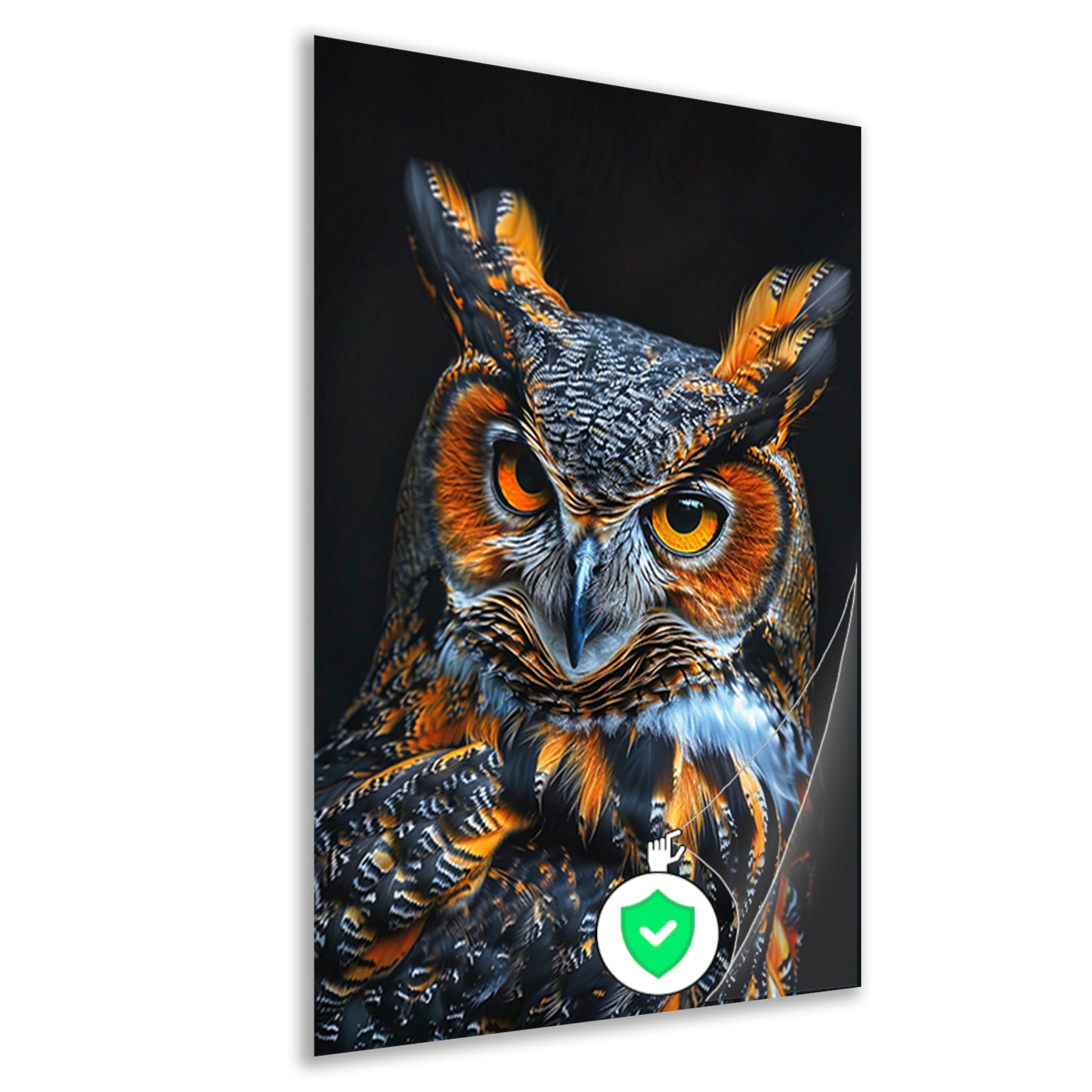 Hyperrealistische Uil met Intense Ogen en Kleurrijke Veren poster