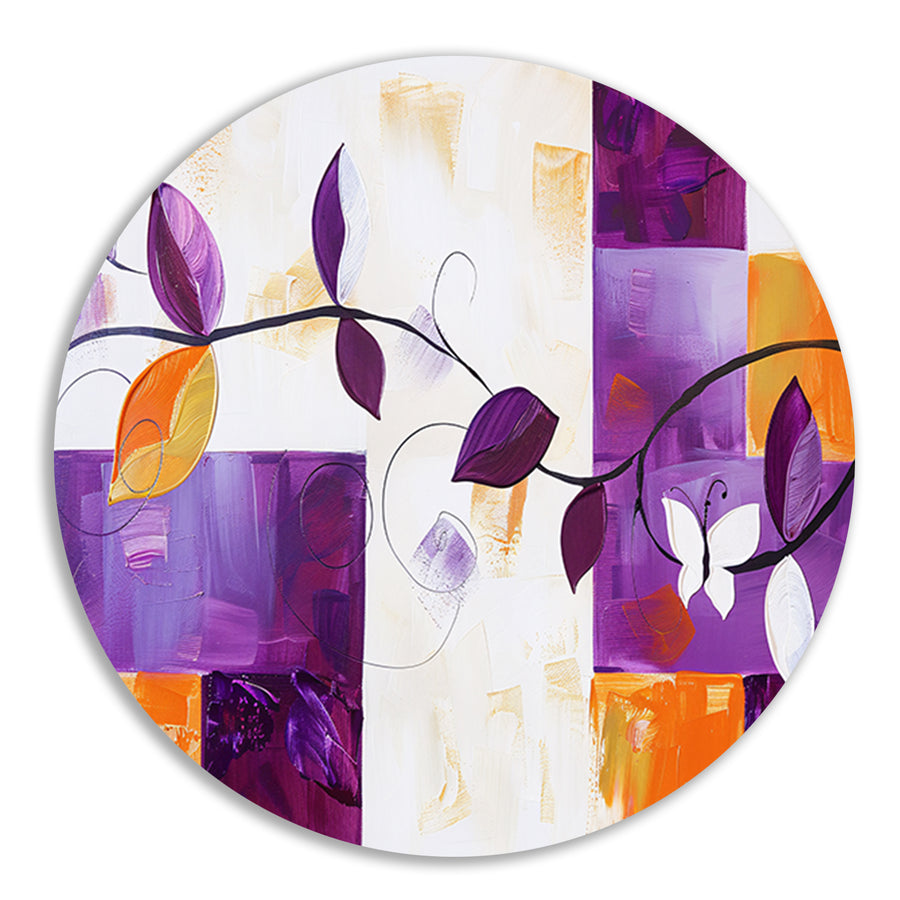 Kleurrijk abstract schilderij met bladeren en vlinder forex muurcirkel