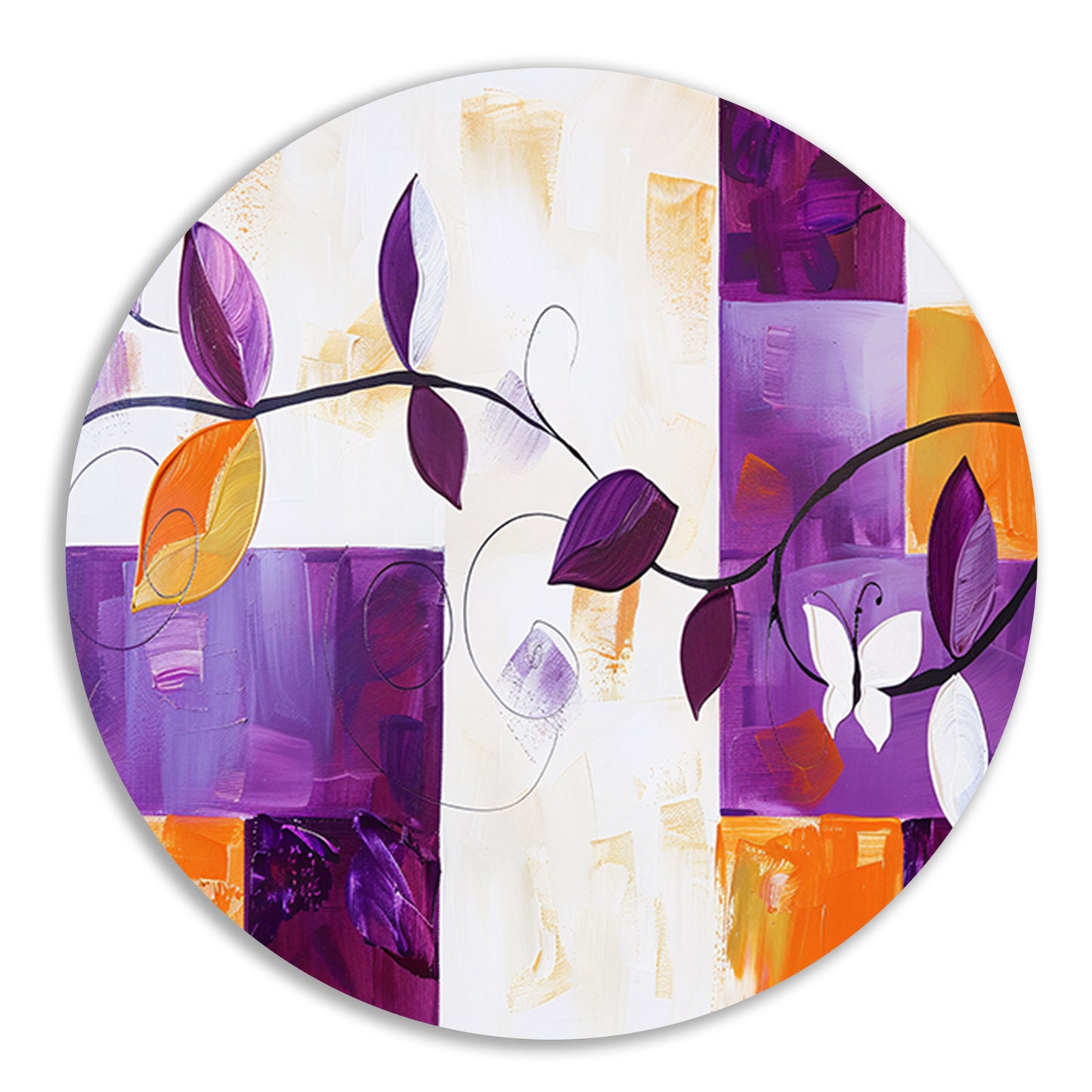 Kleurrijk abstract schilderij met bladeren en vlinder aluminium muurcirkel
