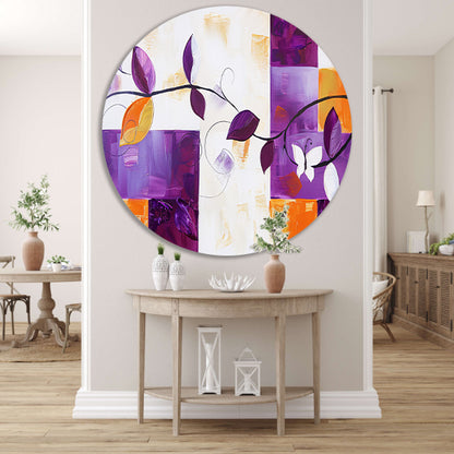 Kleurrijk abstract schilderij met bladeren en vlinder aluminium muurcirkel