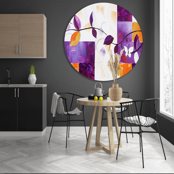 Kleurrijk abstract schilderij met bladeren en vlinder aluminium muurcirkel